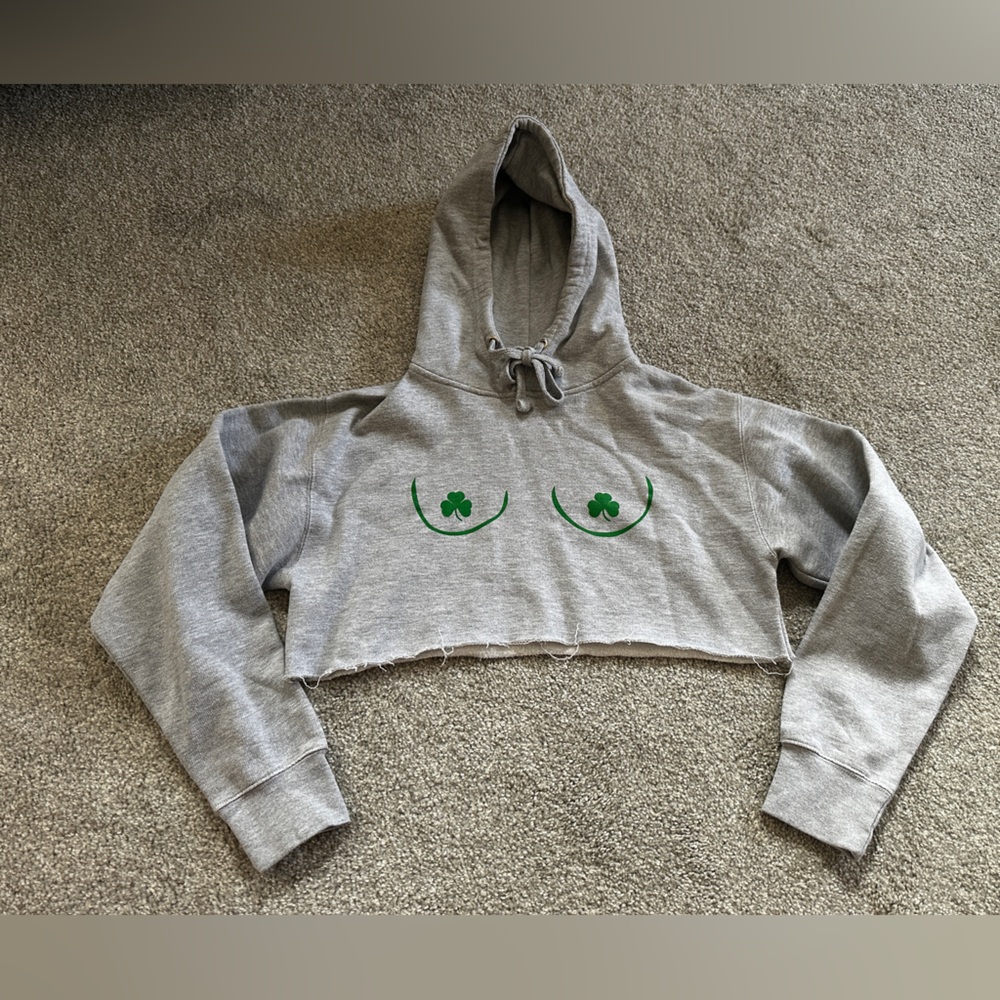St. Patty’s Gray Cropped Hoodie with Green Clovers/Shamrocks